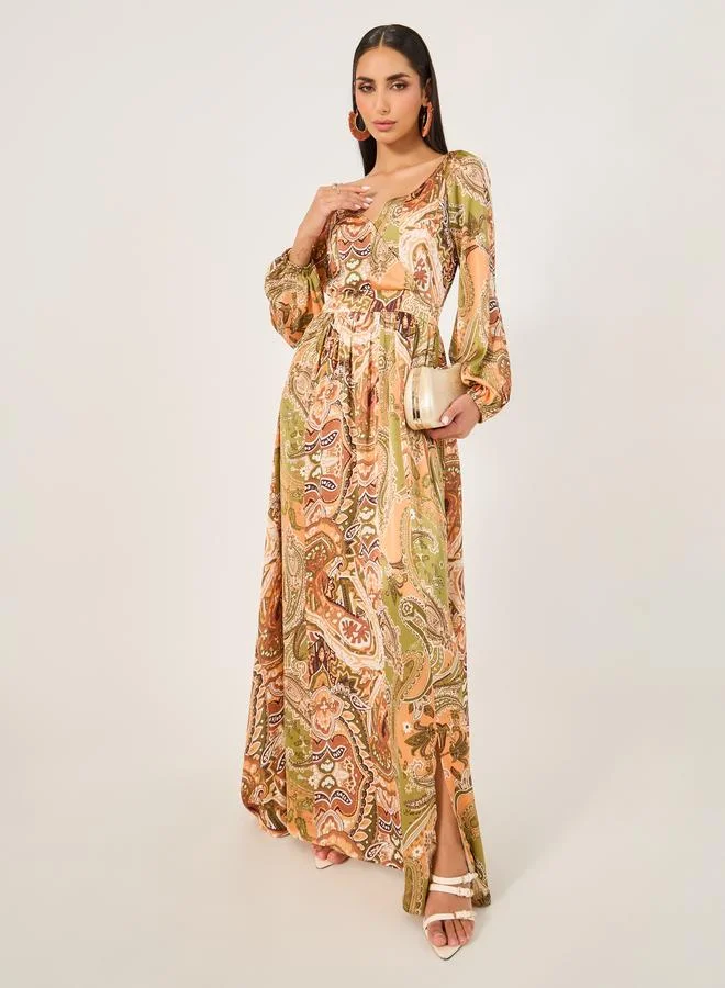 Styli Styli All-Over Print Cuffed Sleeves A-Line Maxi Dress