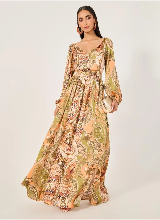 ستايلي Styli All-Over Print Cuffed Sleeves A-Line Maxi Dress