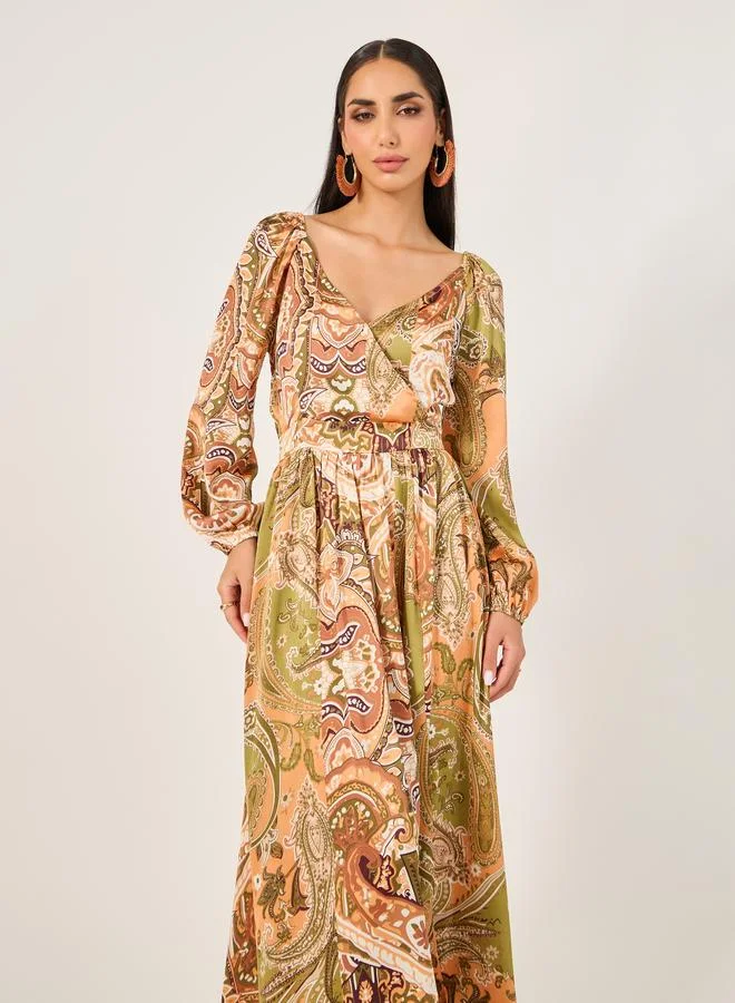 Styli Styli All-Over Print Cuffed Sleeves A-Line Maxi Dress