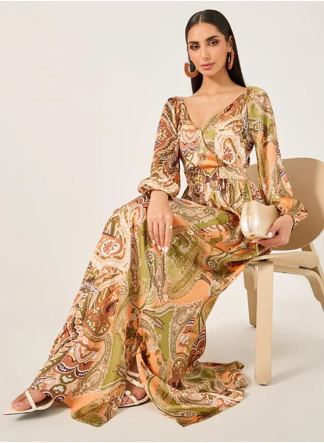 ستايلي Styli All-Over Print Cuffed Sleeves A-Line Maxi Dress