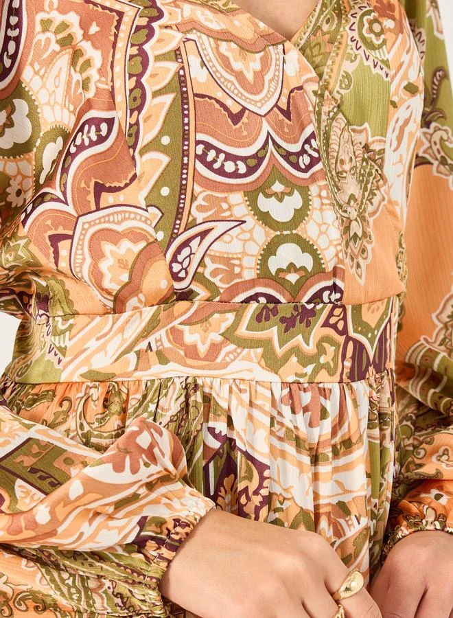 Styli Styli All-Over Print Cuffed Sleeves A-Line Maxi Dress