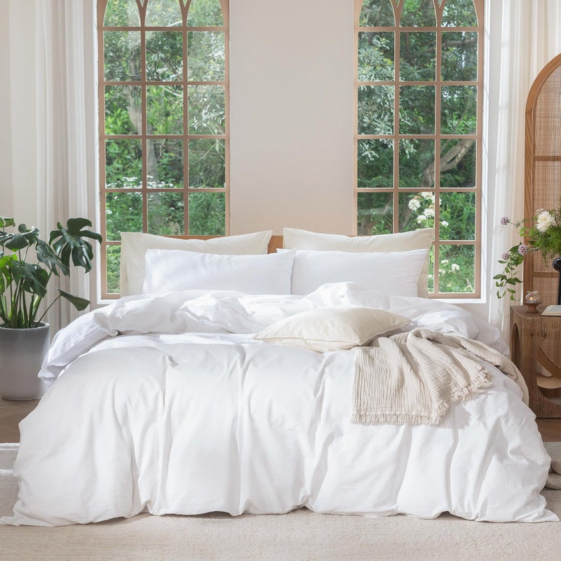 MooMee Bedding Duvet Cover Set 100 Washed Cotton Linen Like Textured Breathable Durable Soft Comfy Solid Bright White Queen 90x90