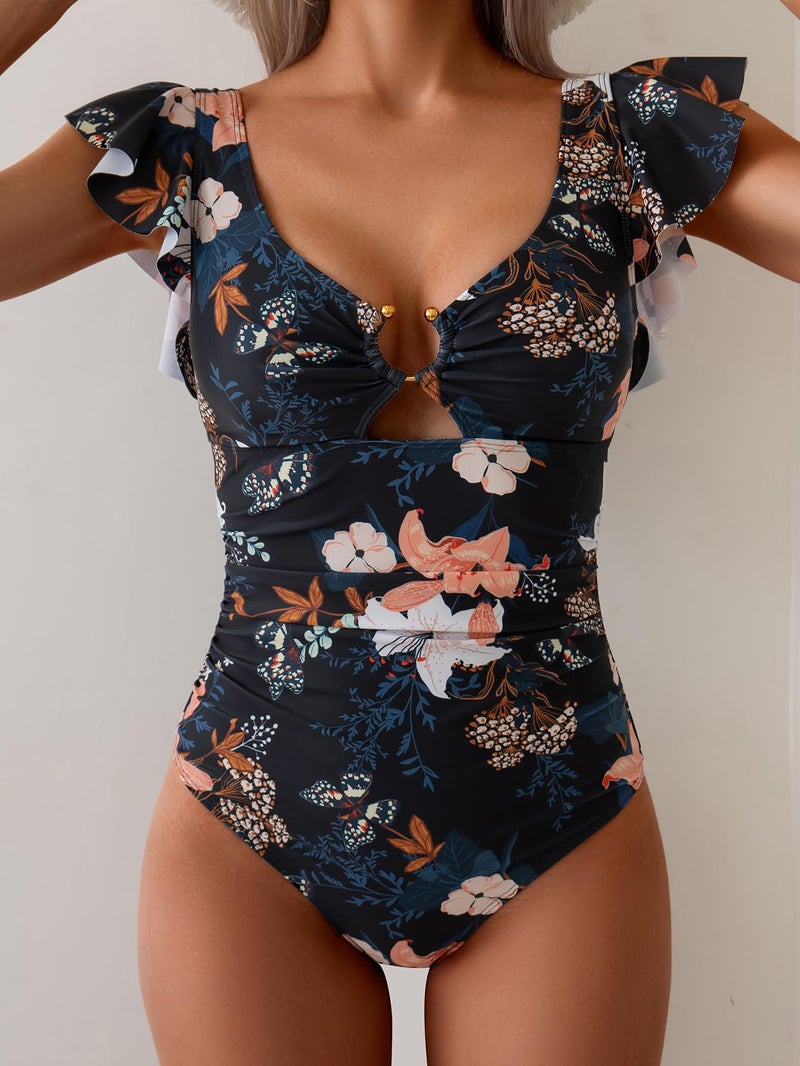 Eomenie Womens Ruffled One Piece Swimsuit Slimming Tummy Control Bathing Suit V-Neck Cutout Swimwear for Resort Wear - Image 4