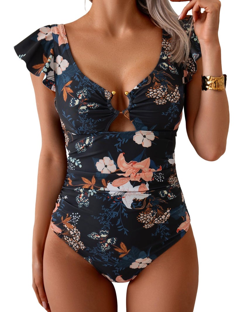 Eomenie Womens Ruffled One Piece Swimsuit Slimming Tummy Control Bathing Suit V-Neck Cutout Swimwear for Resort Wear - Image 1