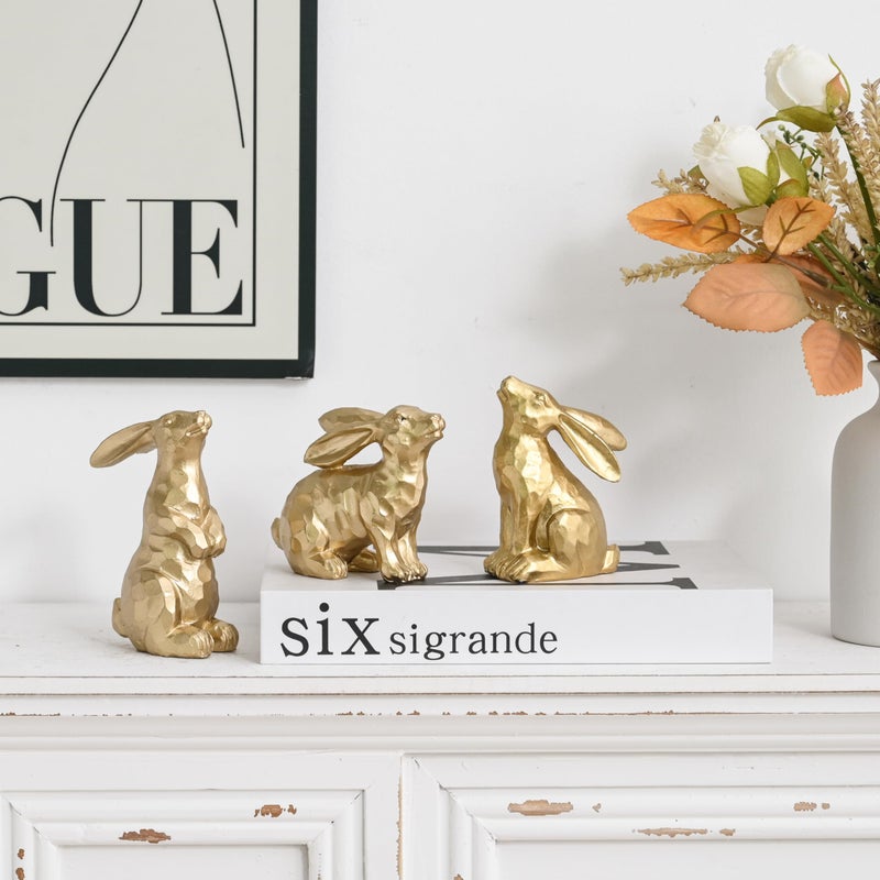 AOMOONOA Resin Gold Bunny Decor Rabbit Figurines, Small Easter Bunny Figurine Set of 3, Easter Rabbit Statues for Spring Tabletop Decor - Image 3