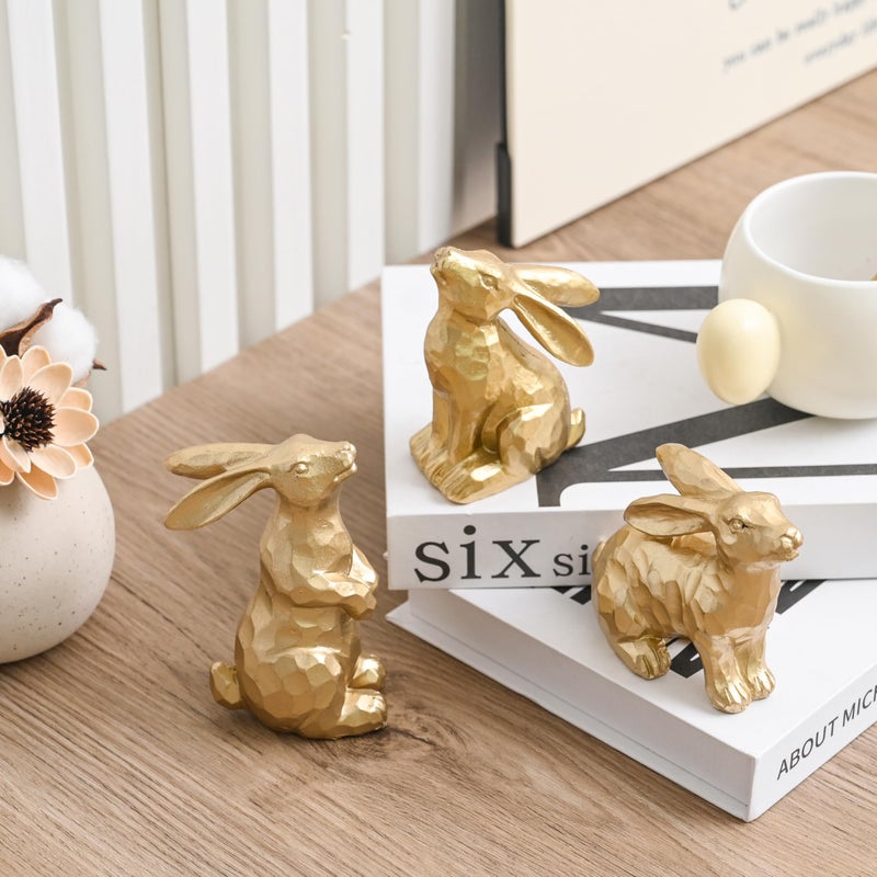 AOMOONOA Resin Gold Bunny Decor Rabbit Figurines, Small Easter Bunny Figurine Set of 3, Easter Rabbit Statues for Spring Tabletop Decor - Image 5