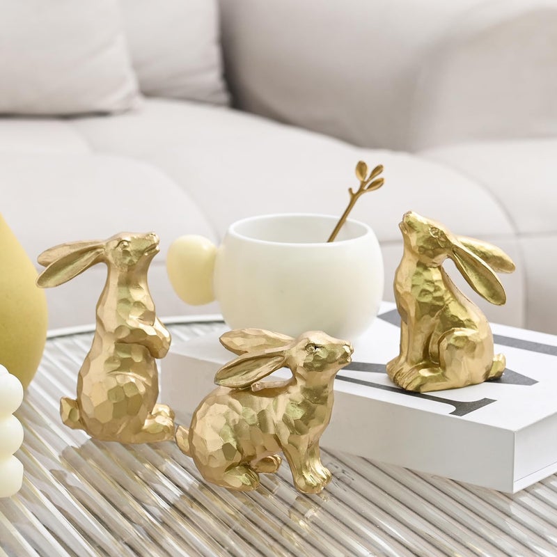 AOMOONOA Resin Gold Bunny Decor Rabbit Figurines, Small Easter Bunny Figurine Set of 3, Easter Rabbit Statues for Spring Tabletop Decor - Image 1