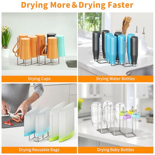 PLUVON Foldable Baby Bottle Drying Rack-10 Poles Water Bottle Organizer for Cups,Travel Mugs,Silicone Bags- Collapsible Stainless Steel Bottle Rack Dryer (Silver) - Image 5