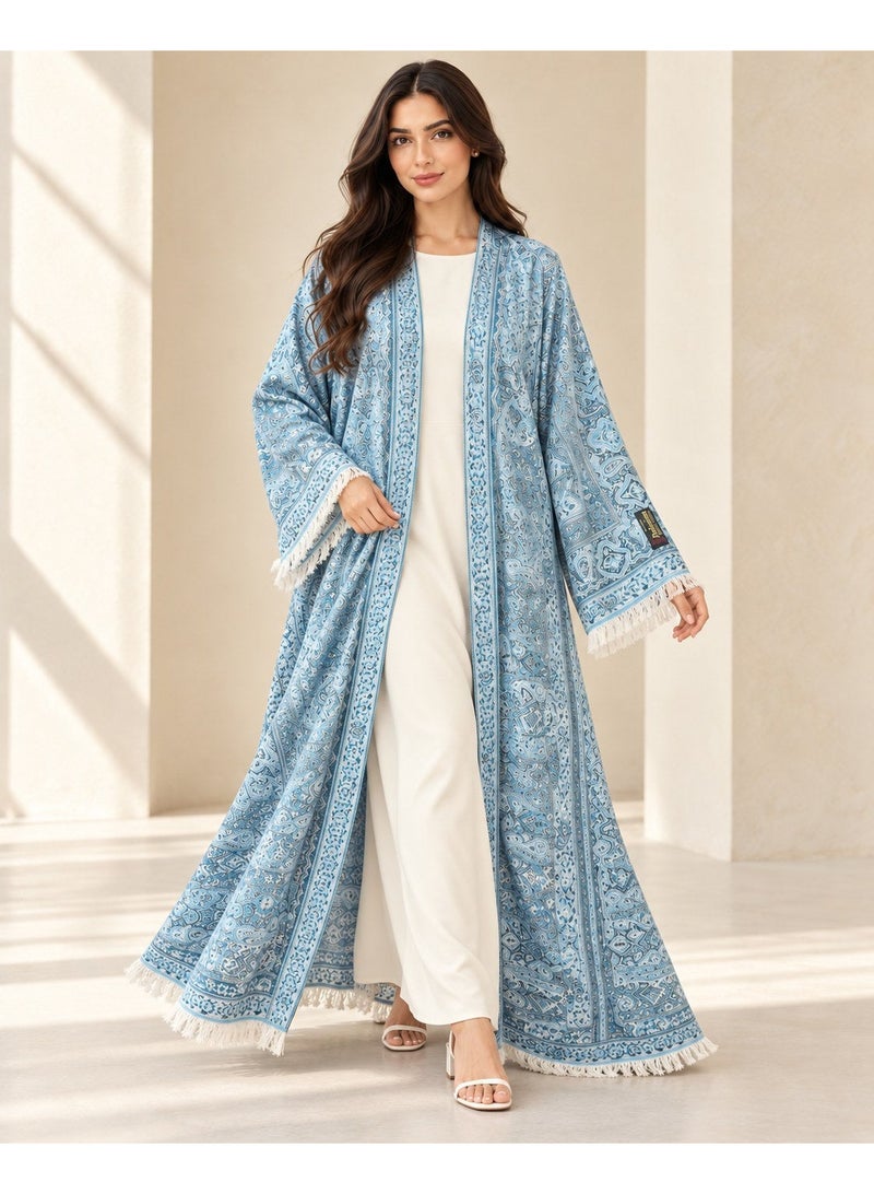 KAVALEE Women's Sky Blue Paisley Pashmina Open Abaya with Matching Scarf - Image 3