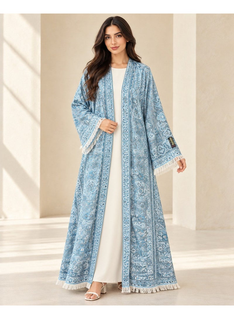 KAVALEE Women's Sky Blue Paisley Pashmina Open Abaya with Matching Scarf - Image 1