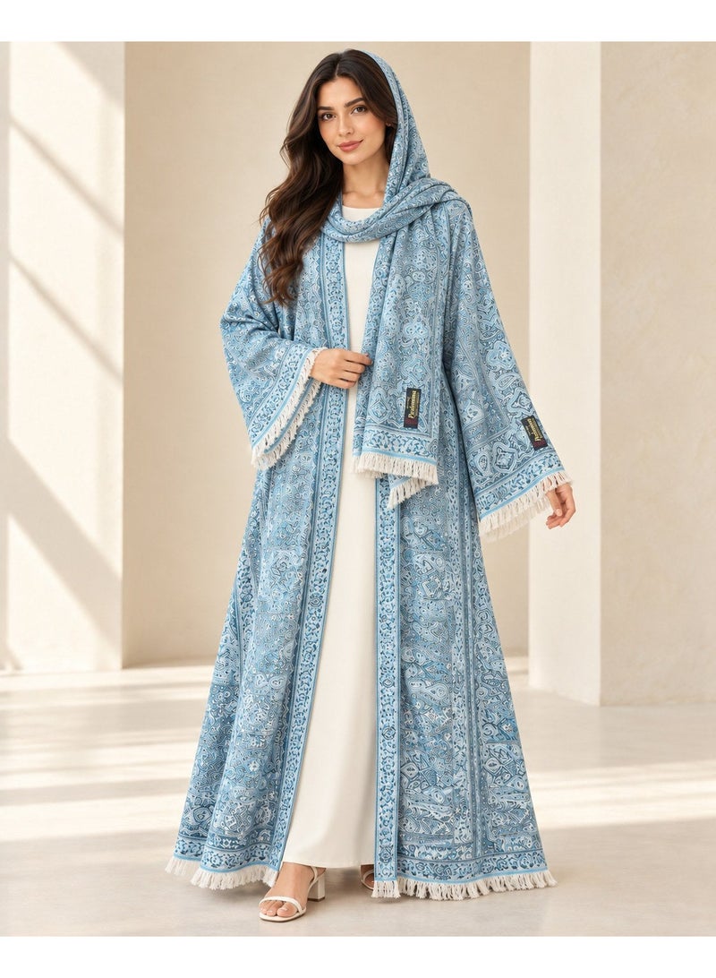 KAVALEE Women's Sky Blue Paisley Pashmina Open Abaya with Matching Scarf - Image 5