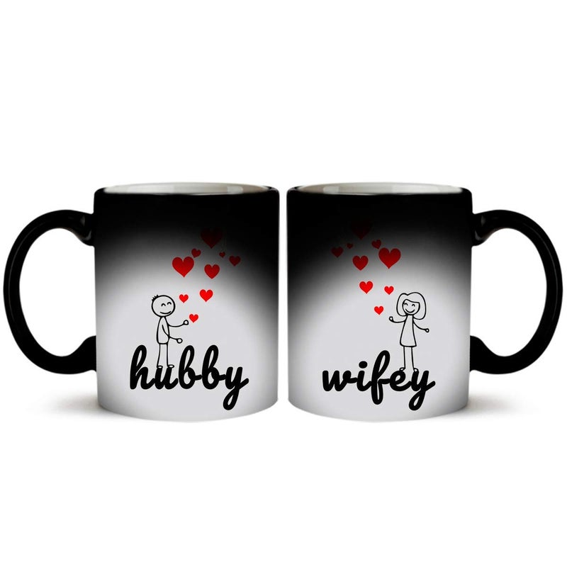 Wings Mart Hubby Wifey Printed Ceramic Black Magic Mug 330 ml Gift for Anniversary Wedding Valentine Day Couple Best Gift The Mug Changes Color When Filled with hot Liquid - Image 1