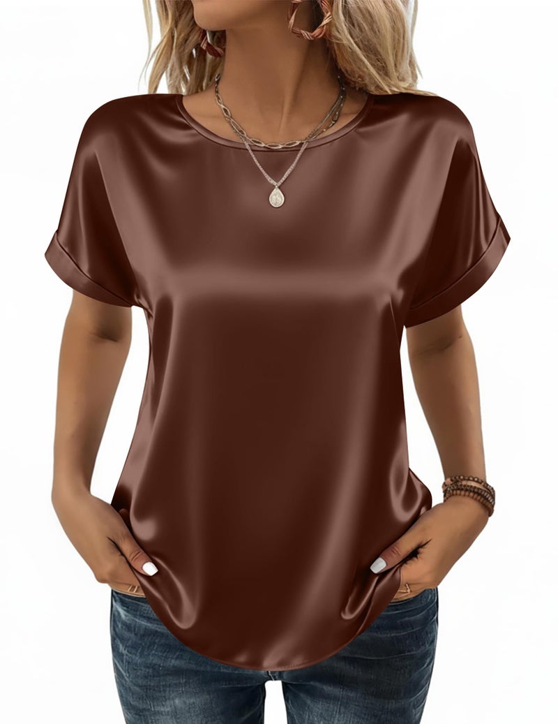 Zeagoo Womens Summer Tops Short Sleeve Dress Shirts Crewneck Satin Blouse Business Casual Outfit Silk Work Office Clothes Brown - Image 1