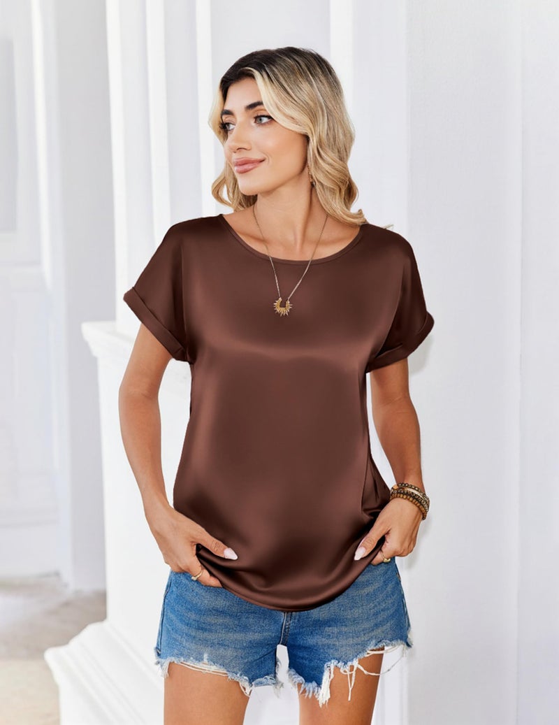 Zeagoo Womens Summer Tops Short Sleeve Dress Shirts Crewneck Satin Blouse Business Casual Outfit Silk Work Office Clothes Brown - Image 5
