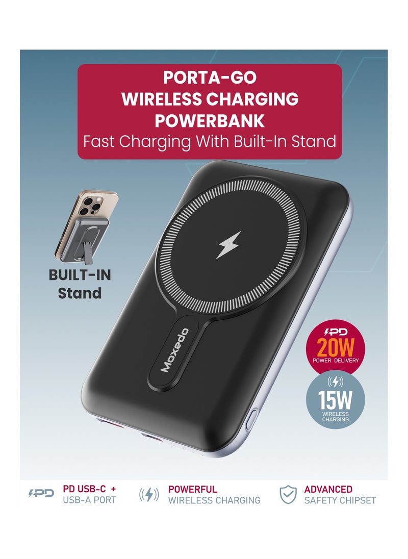 Moxedo - Moxedo Porta-Go 15W Wireless Charging Power Bank 10,000 mAh 20W PD USB-C / USB-A Port Portable Charger with Built-in Stand Compatible For iPhone 16/15/14/13/12 Series - Image 1