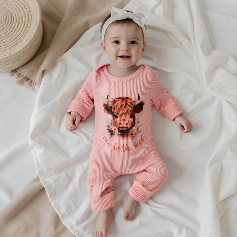 allshope Infant Baby Girl Fall Outfit Sweatshirt Romper Ribbed Western Print Jumpsuit Long Sleeve Bodysuit Cute Newborn Clothes (New to The Herd Pink Highland Cow, 6-12 Months) - Image 3