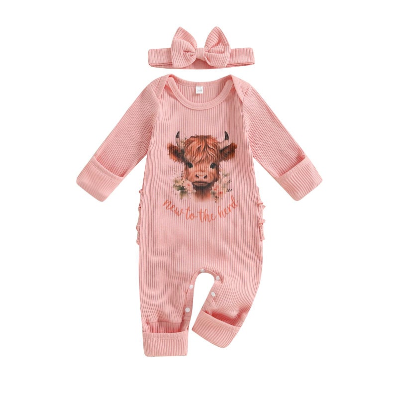 allshope Infant Baby Girl Fall Outfit Sweatshirt Romper Ribbed Western Print Jumpsuit Long Sleeve Bodysuit Cute Newborn Clothes (New to The Herd Pink Highland Cow, 6-12 Months) - Image 1