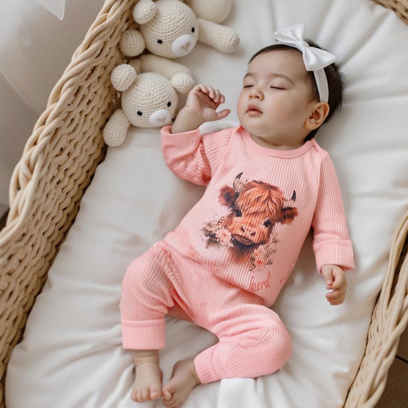 allshope Infant Baby Girl Fall Outfit Sweatshirt Romper Ribbed Western Print Jumpsuit Long Sleeve Bodysuit Cute Newborn Clothes (New to The Herd Pink Highland Cow, 6-12 Months) - Image 2