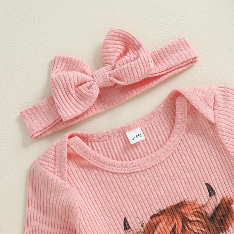 allshope Infant Baby Girl Fall Outfit Sweatshirt Romper Ribbed Western Print Jumpsuit Long Sleeve Bodysuit Cute Newborn Clothes (New to The Herd Pink Highland Cow, 6-12 Months) - Image 5