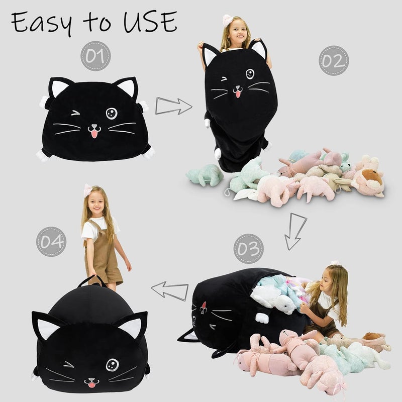 Anzitinlan Black Cute Cat Toy Organizers Stuffed Animal Storage Bean Bag Chair for Boys and Girls, Home Game & Recreation Room Kids Furniture Beanbags - Image 3
