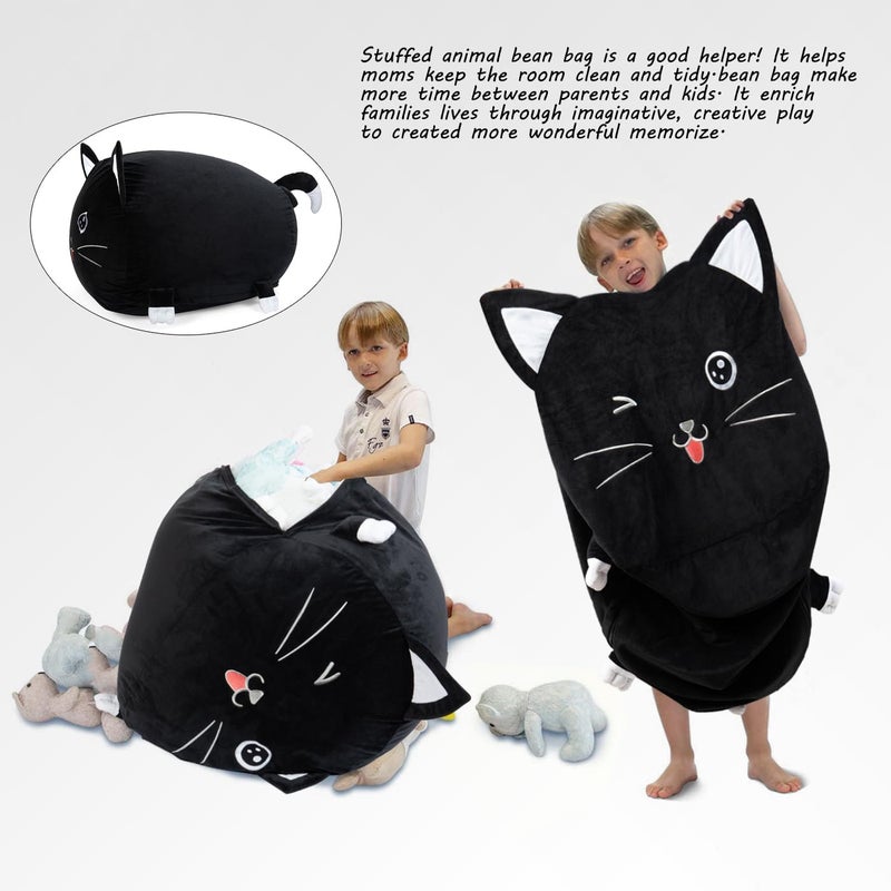 Anzitinlan Black Cute Cat Toy Organizers Stuffed Animal Storage Bean Bag Chair for Boys and Girls, Home Game & Recreation Room Kids Furniture Beanbags - Image 4