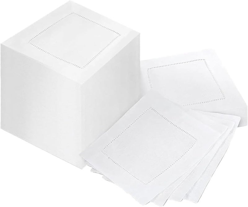 White Linen Hemstitch Cocktail Napkins 24Pcs Square for Wedding Dining Parties - Image 1