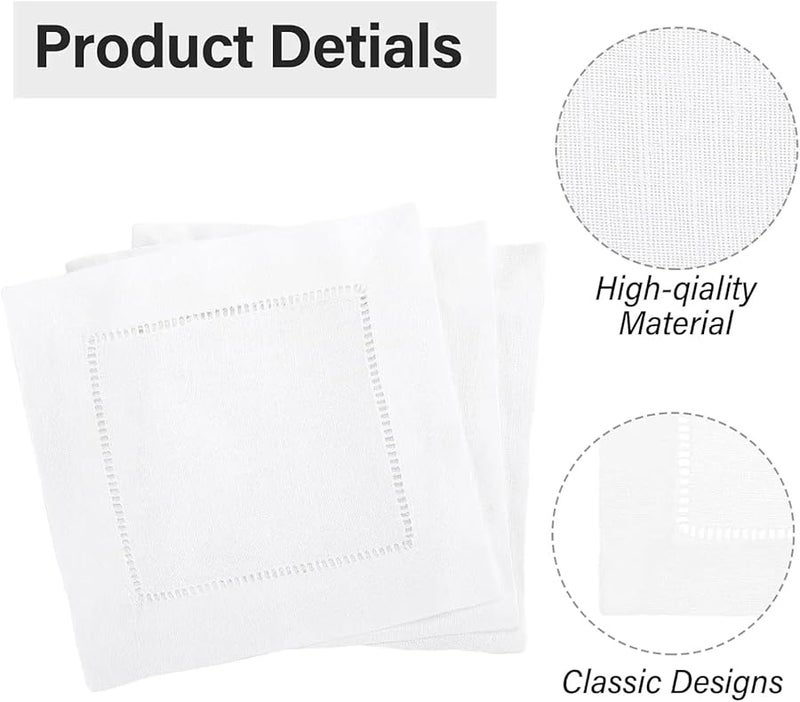 White Linen Hemstitch Cocktail Napkins 24Pcs Square for Wedding Dining Parties - Image 4