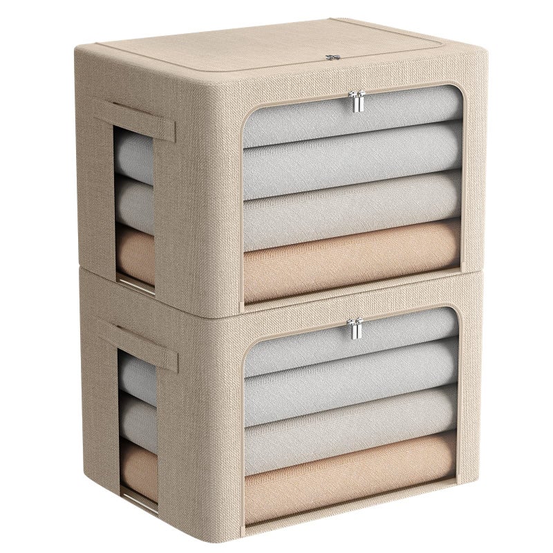 2 Pack Clear Window Storage Bins Large Foldable Fabric Storage Bins Boxes for Clothes Stackable Box Organizer Set with Carrying Handles Beige 197x 157x 125 Inch