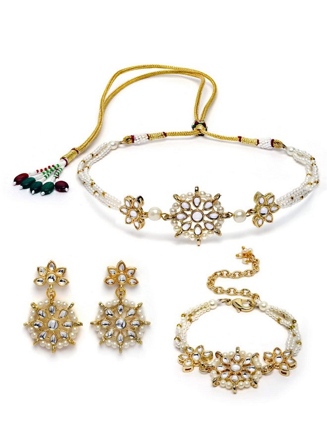 Karatcart Gold Plated Floral Pearl Beaded Choker Necklace With Earrings And Bracelet - Womens - Image 1