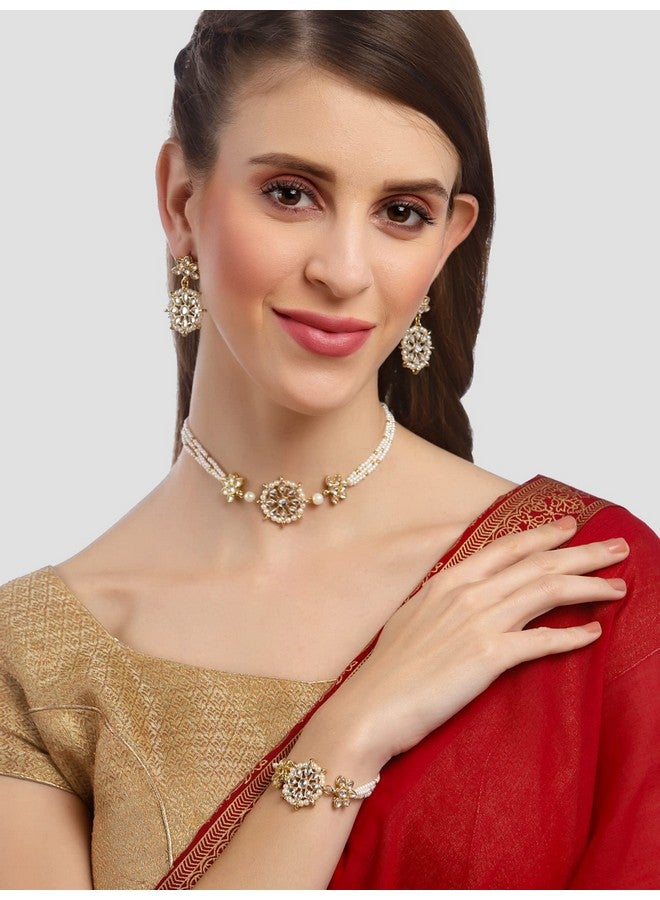 Karatcart Gold Plated Floral Pearl Beaded Choker Necklace With Earrings And Bracelet - Womens - Image 2