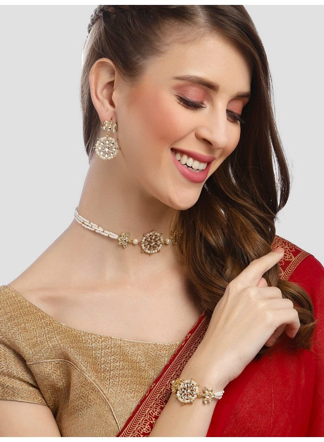 Karatcart Gold Plated Floral Pearl Beaded Choker Necklace With Earrings And Bracelet - Womens - Image 3