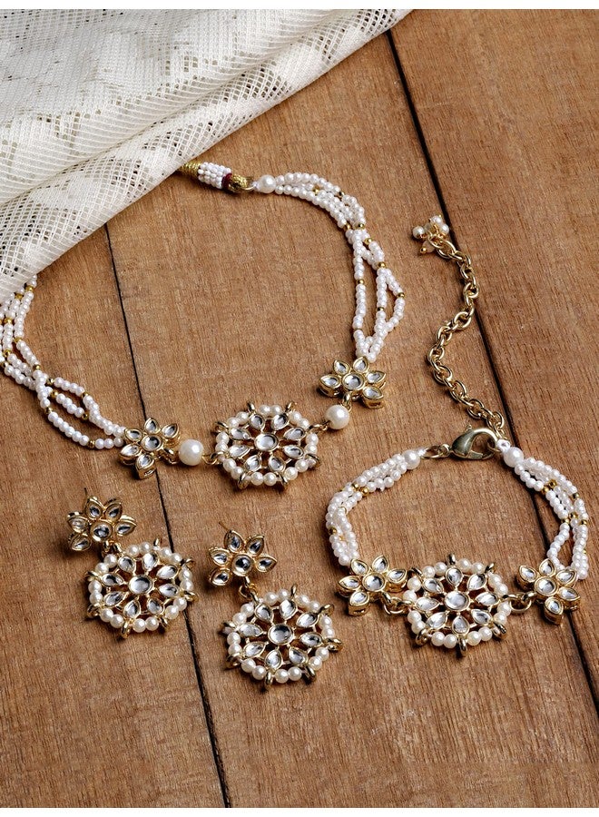 Karatcart Gold Plated Floral Pearl Beaded Choker Necklace With Earrings And Bracelet - Womens - Image 4