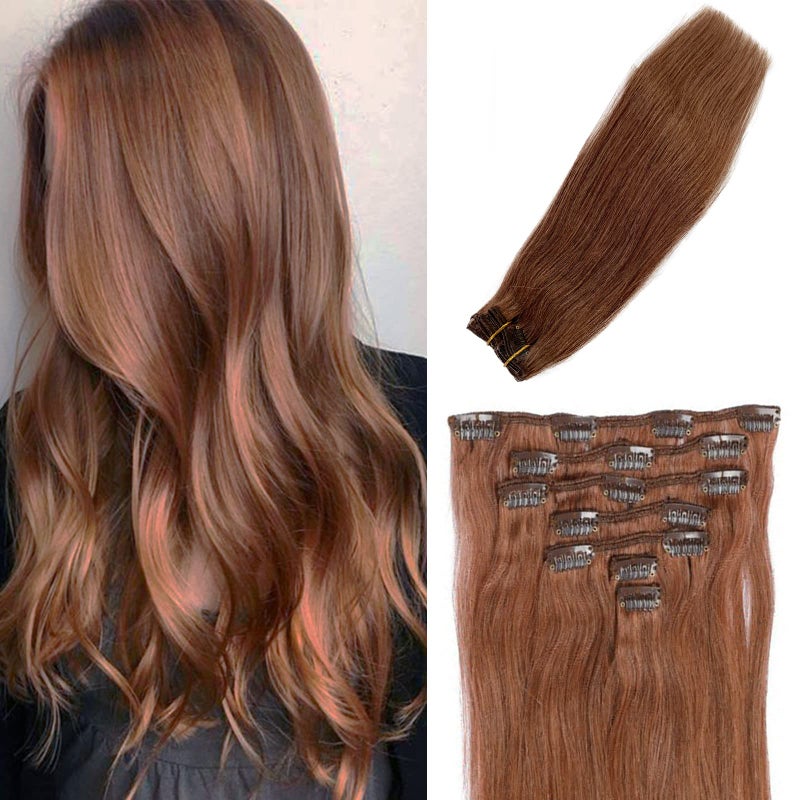 Auburn Hair Extensions Clip in Human Hair 15 Inch 70grams Thick Full 30 Medium Auburn Clip on Hair Extensions Real Human Hair Double Weft for Women