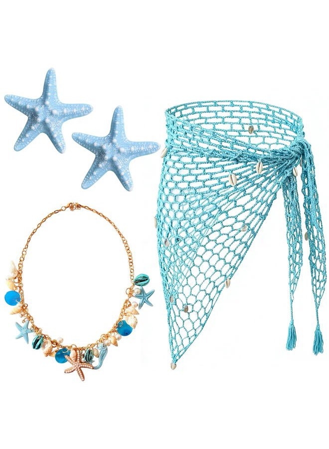 Gullora 4 Pieces Mermaid Costume Accessories for Women, Beach Crochet Fishnet Skirt Sarong, Shell Necklace, and Starfish Hair Clips for Swimsuit Cover Up, Summer Luau Party, Cosplay, Halloween, One Size - Image 1