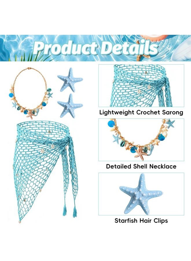 Gullora 4 Pieces Mermaid Costume Accessories for Women, Beach Crochet Fishnet Skirt Sarong, Shell Necklace, and Starfish Hair Clips for Swimsuit Cover Up, Summer Luau Party, Cosplay, Halloween, One Size - Image 3