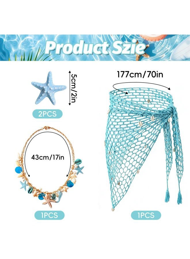 Gullora 4 Pieces Mermaid Costume Accessories for Women, Beach Crochet Fishnet Skirt Sarong, Shell Necklace, and Starfish Hair Clips for Swimsuit Cover Up, Summer Luau Party, Cosplay, Halloween, One Size - Image 2