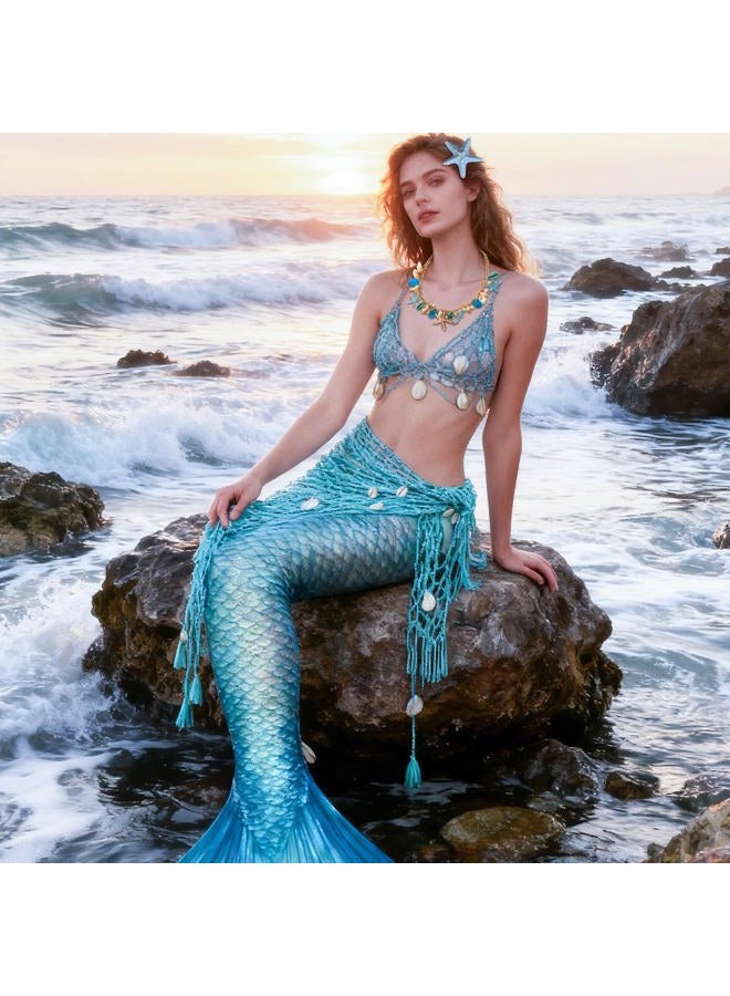 Gullora 4 Pieces Mermaid Costume Accessories for Women, Beach Crochet Fishnet Skirt Sarong, Shell Necklace, and Starfish Hair Clips for Swimsuit Cover Up, Summer Luau Party, Cosplay, Halloween, One Size - Image 4