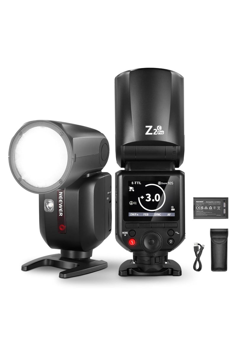 NEEWER Z2PRO-C TTL Round Head Flash Speedlite with 3000mAh Lithium Battery – Compatible with Canon DSLR & Mirrorless Cameras black - Image 1