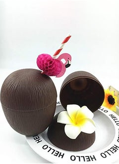 Garlo 12 Pack Coconut Cups for Hawaiian Luau Kids Party with Hibiscus Flower Straws - Tiki and Beach Theme Party Fun Drink or Decoration Cups  - Image 2