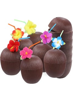 Garlo 12 Pack Coconut Cups for Hawaiian Luau Kids Party with Hibiscus Flower Straws - Tiki and Beach Theme Party Fun Drink or Decoration Cups  - Image 1