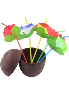 Garlo 12 Pack Coconut Cups for Hawaiian Luau Kids Party with Hibiscus Flower Straws - Tiki and Beach Theme Party Fun Drink or Decoration Cups  - Image 3