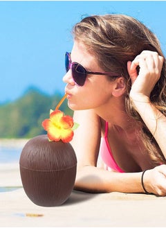 Garlo 12 Pack Coconut Cups for Hawaiian Luau Kids Party with Hibiscus Flower Straws - Tiki and Beach Theme Party Fun Drink or Decoration Cups  - Image 5