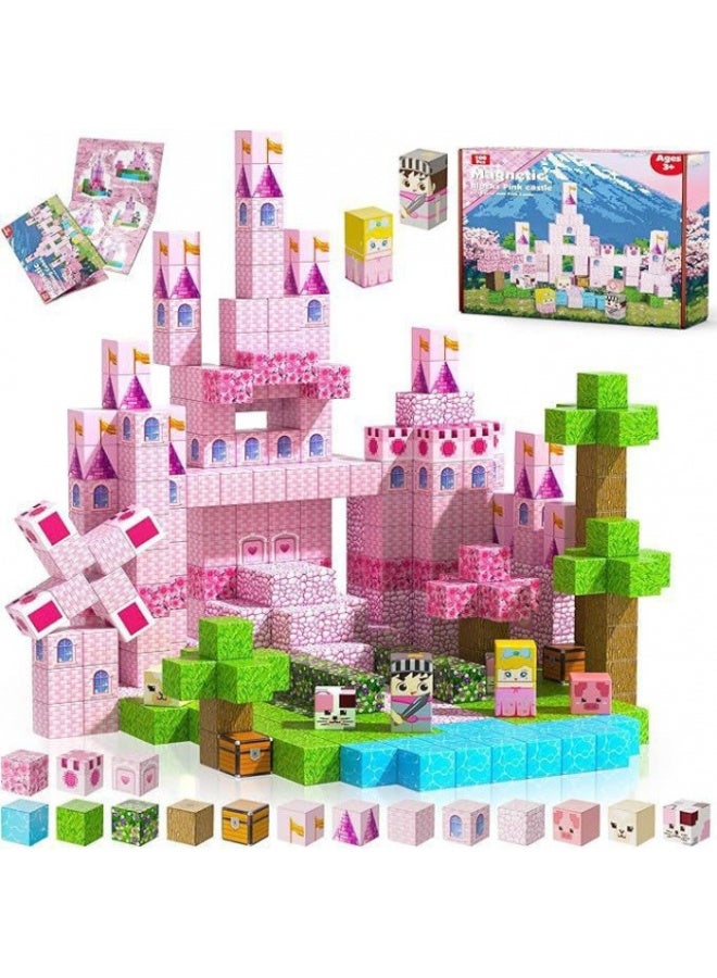 المكعبات المغناطيسية Pink Castle كتل البناء المغناطيسية، كتل البناء للأطفال، الألعاب المغناطيسية - Image 1