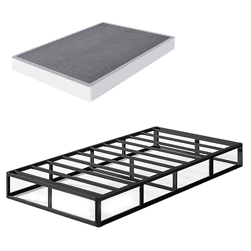 THEOCORATE Twin Box Spring and Cover Set 5 Inch Low Profile Metal BoxSpring Heavy Duty Structure with Easy Clean Bed Skirt Mattress Foundation Noise Free NonSlip Easy Assembly