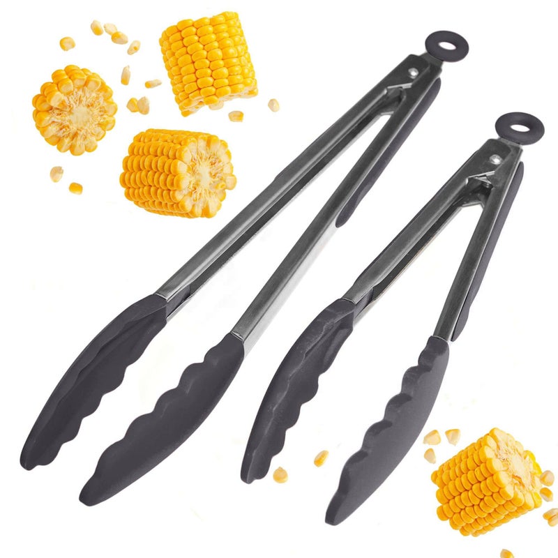 StarPack Home StarPack Premium Silicone Kitchen Tongs Set of 2 9Inch  12Inch  Stainless Steel with NonStick Silicone Tips High Heat Resistant to 480F For Cooking Serving Grill BBQ  Salad Gray Black