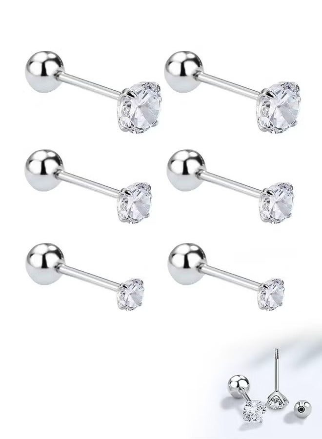 3 Pairs Stainless Steel Screw Stud Earrings Set, Hypoallergenic Cubic Zirconia Studs Earrings, Piercing Post Surgical Earrings for Women Men (Silver) - Image 1