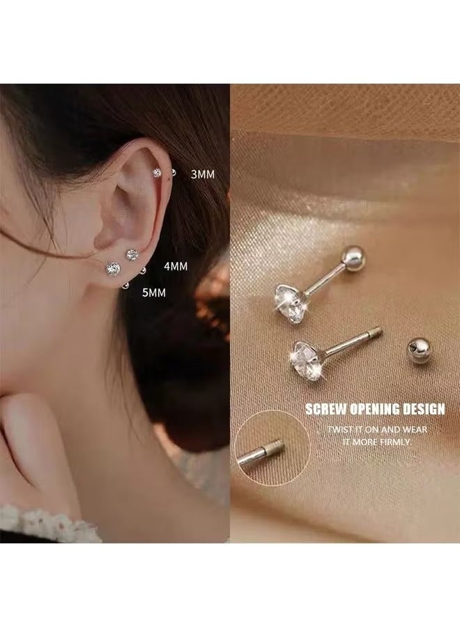 3 Pairs Stainless Steel Screw Stud Earrings Set, Hypoallergenic Cubic Zirconia Studs Earrings, Piercing Post Surgical Earrings for Women Men (Silver) - Image 2