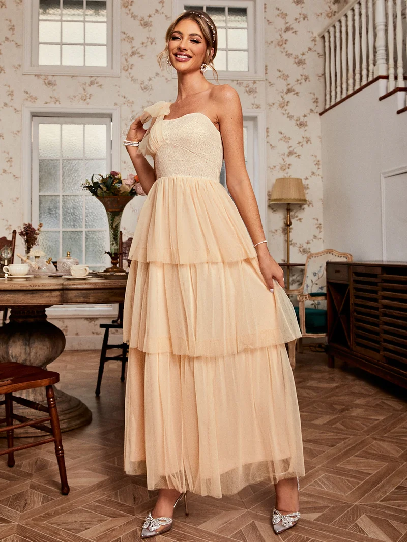 Simplee One Shoulder Sleeveless Maxi Dress, Waist Ruched, Flowy Skirt Romantic Long Dress