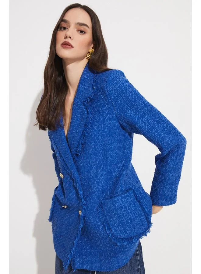 JUNE June Tweed Button Detailed Jacket Saxe