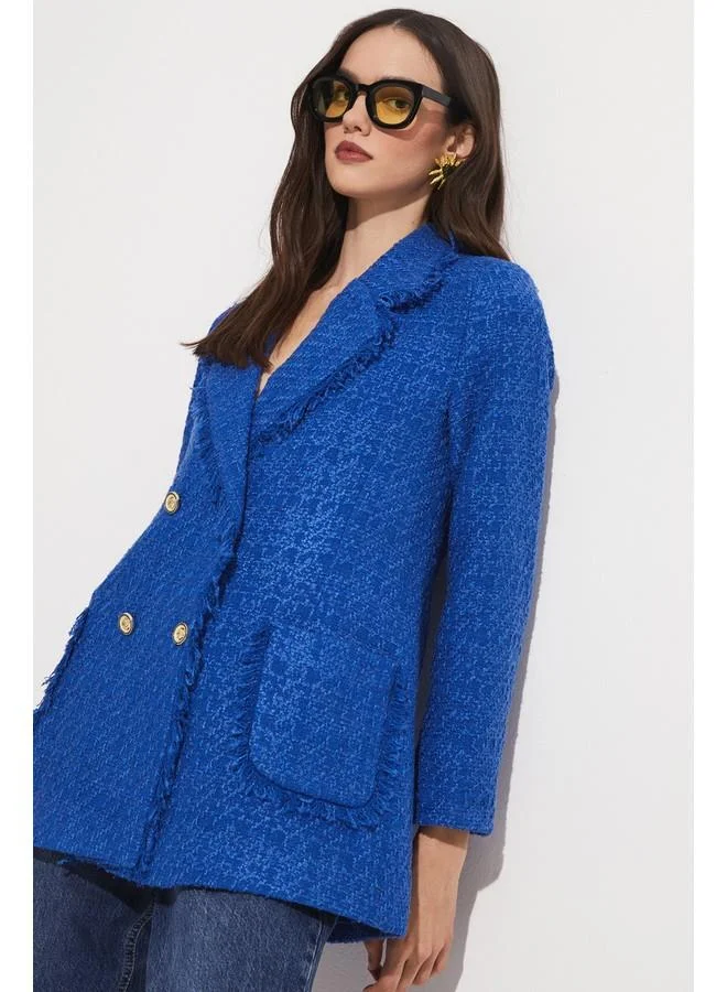 JUNE June Tweed Button Detailed Jacket Saxe